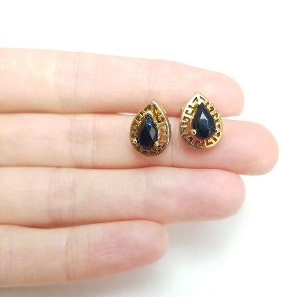 Vintage Drop Shaped Stud Earrings with Greek Key Border, Gold Tone Posts - Picture 4 of 4